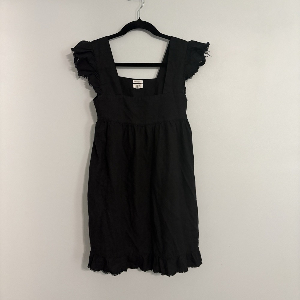 Aerie Black Linen Blend Raw Edge Mini Dress Square Neck Babydoll Pockets XXS 2XS